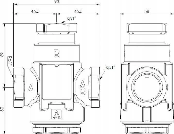 Afriso temperatūros vožtuvas ATV 335, DN25, Rp1'', kvs 9, 55°C