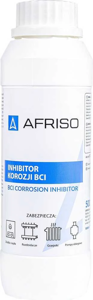 Afriso BCI korozijos inhibitorius šildymo įrenginiams 500 ml (talpa 100 l vandens arba 120 m2 grindinio šildymo arba 10 radiatorių), galiojimo laikas 2 metai nuo pagaminimo datosA