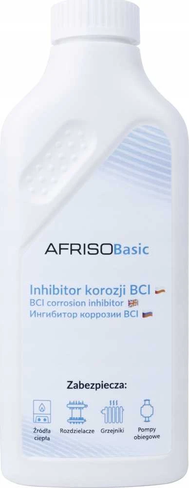 Afriso BCI korozijos inhibitorius šildymo įrenginiams 500 ml (talpa 100 l vandens arba 120 m2 grindinio šildymo arba 10 radiatorių), galiojimo laikas 2 metai nuo pagaminimo datosA