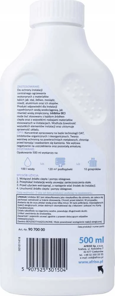 Afriso BCI korozijos inhibitorius šildymo įrenginiams 500 ml (talpa 100 l vandens arba 120 m2 grindinio šildymo arba 10 radiatorių), galiojimo laikas 2 metai nuo pagaminimo datosA