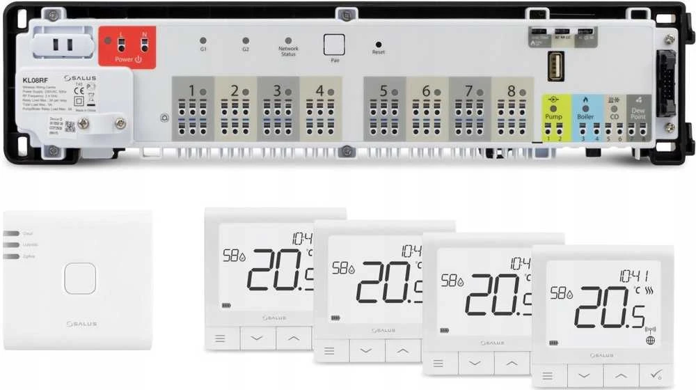 „Salus SALUS StartPack Premium RF“ – pilnas belaidžių grindinio šildymo valdiklių rinkinys su valdymu per internetą: KL08RF230V, UG800, 4 x SQ610RF