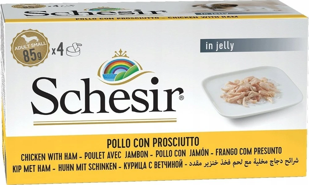 Agras Pet Foods Drėgnas Šunų Maistas - SCHESIR Vištiena Su Kumpiu Želė 4 x 85g