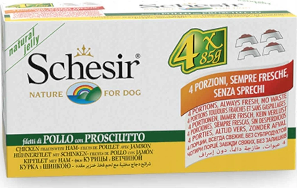 Agras Pet Foods Drėgnas Šunų Maistas - SCHESIR Vištiena Su Kumpiu Želė 4 x 85g