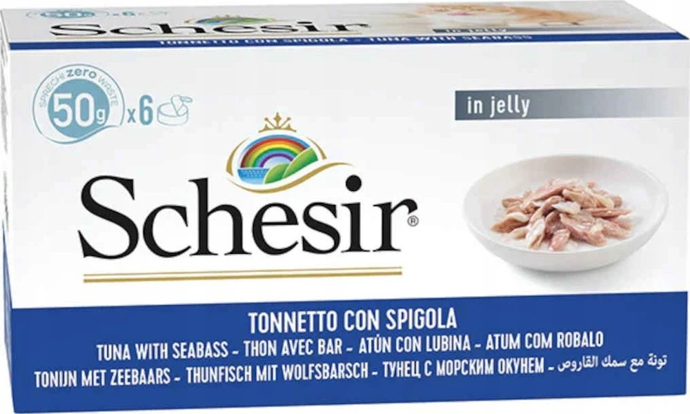 Agras Pet Foods Drėgnas Kačių Maistas - Schesir Tuną su Jūros Lydeka Želėje 6x50g