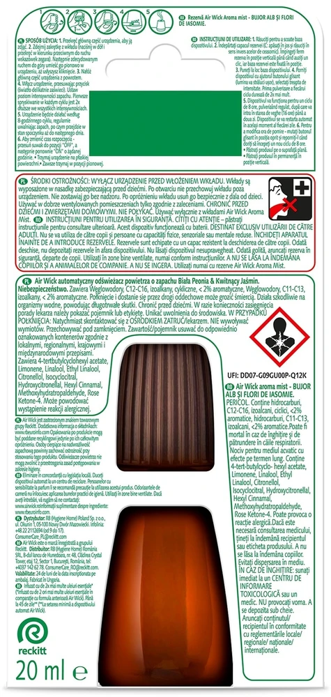 Air Wick Air Wick Aroma Mist Purškiklis su eteriniais aliejais papildymas Baltoji bijūnė & Žydintis jazminas 20ml