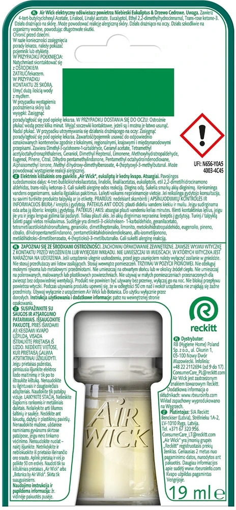 Dėklas AIR WICK Essential Oils Kasetė do elektrycznego odświeżacza powietrza Mėlyna Eukaliptus i Drzewo Cedrowe 19 ml