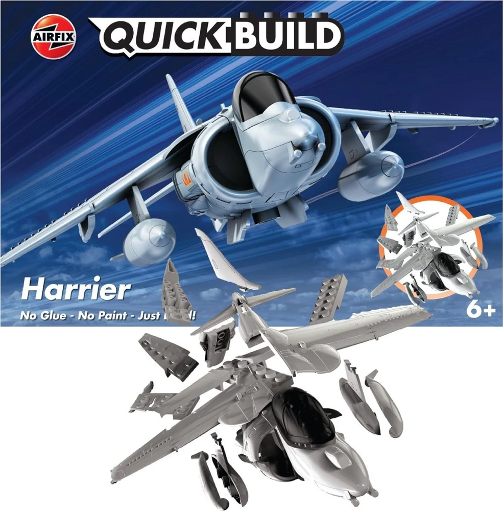 Airfix QUICKBUILD Harrier – surenkamas lėktuvas be klijų ir dažų, 5+, J6009