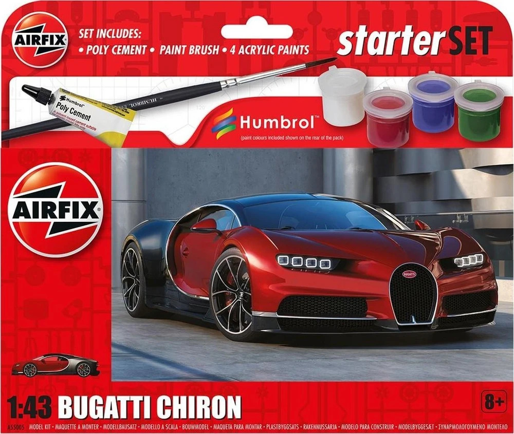 Airfix Bugatti Chiron dovanų rinkinys 1:43 – surenkamas, dažai ir klijai