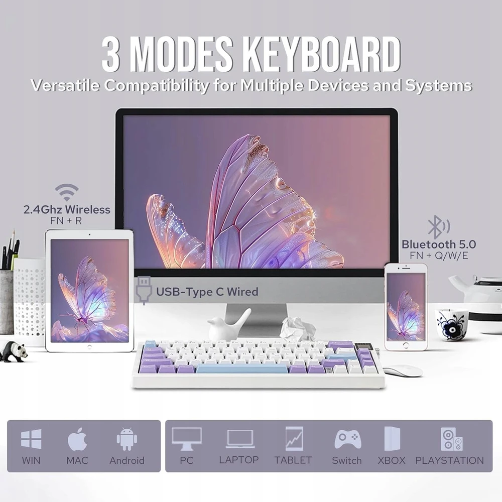 Mėlyna Klaviatūra mechaninė belaidė Ajazz AK650 Dream Weaver Switch Violetinė Baltas Mėlyna RGB su ekranem
