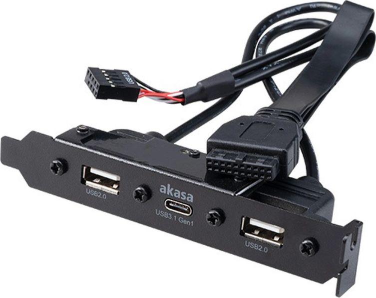 Akasa vidinis USB 3.0/2.0 į išorinį USB-C ir 2x USB 2.0 Type-A adapterio laidas - 40 cm, juodas