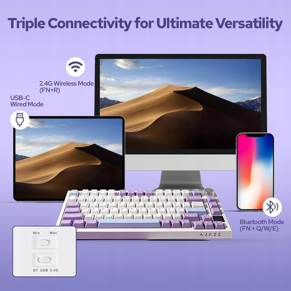 Klaviatūra mechaninė belaidė Ajazz AK820 Pro Gift Switch Violetinė Baltas Mėlyna RGB