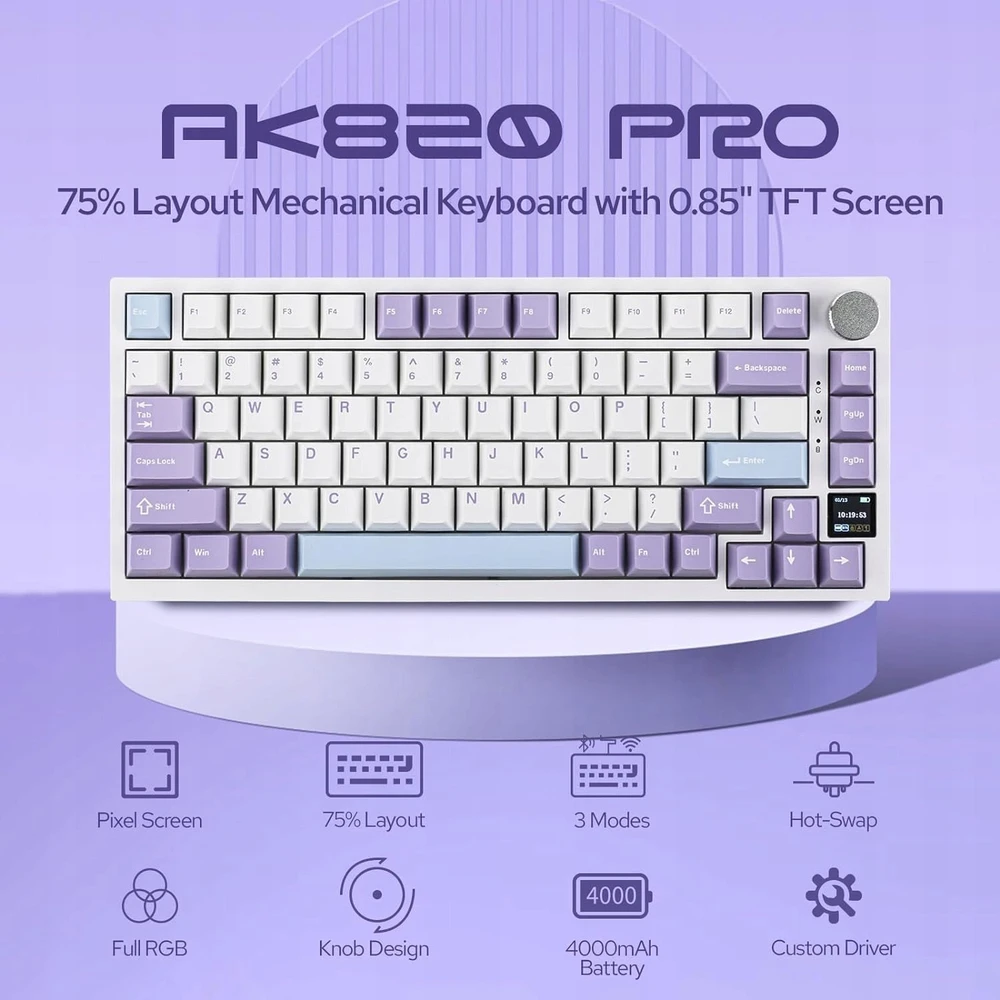 Klaviatūra mechaninė belaidė Ajazz AK820 Pro Gift Switch Violetinė Baltas Mėlyna RGB