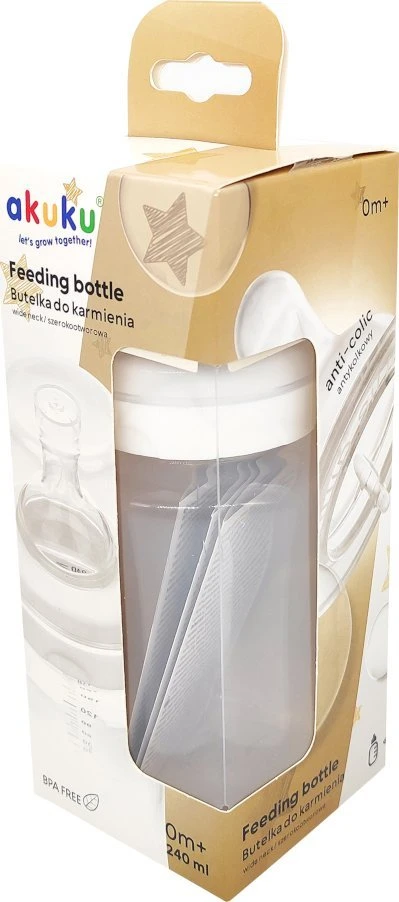 Akuku buteliukas 240 ml., plataus kaklelio, nesukeliantis dieglių, A0107