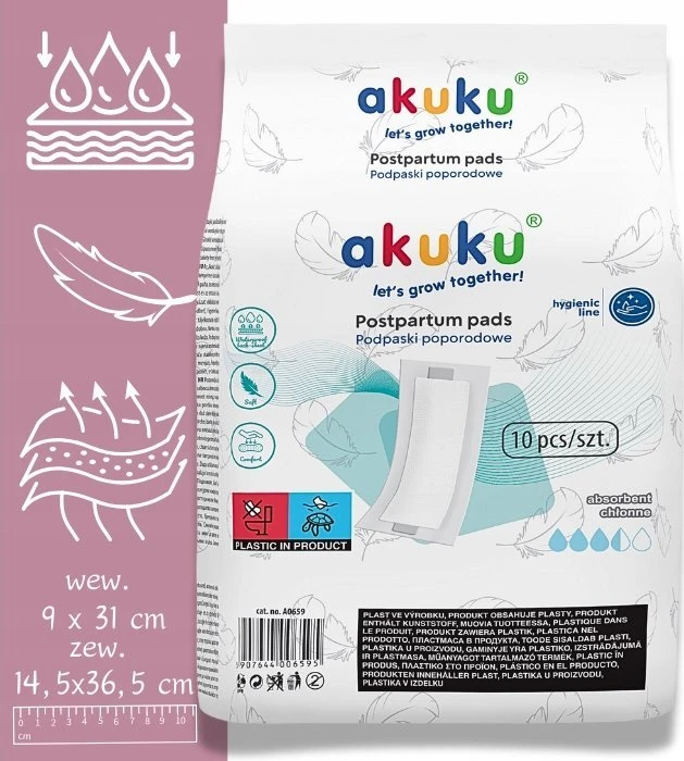 Akuku higieniniai įklotai po gimdymo, 10 vnt., A0659