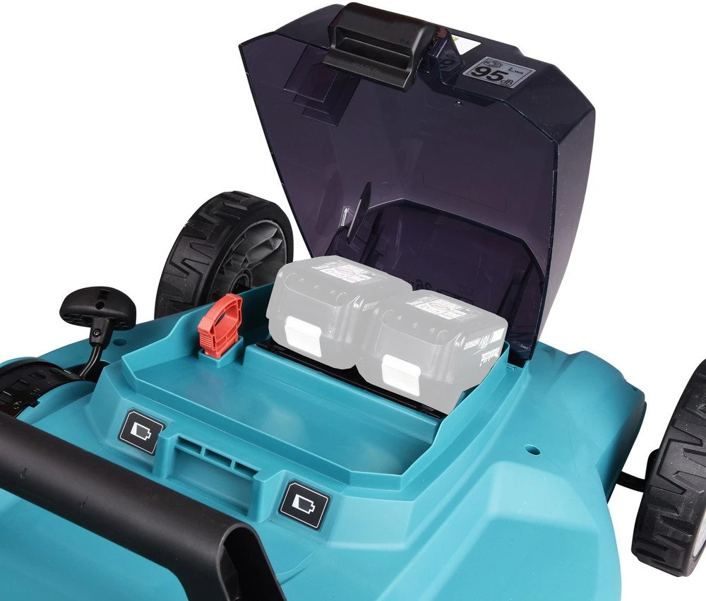 Makita DLM481Z akumuliatorinė vejapjovė 2x18V, 48cm, savaeigė, 4 viename (pjovimas/rinkimas/mulčiavimas/galinis išmetimas), 27,1kg, plastikinis korpusas, be akumuliatorinio ir krovinio