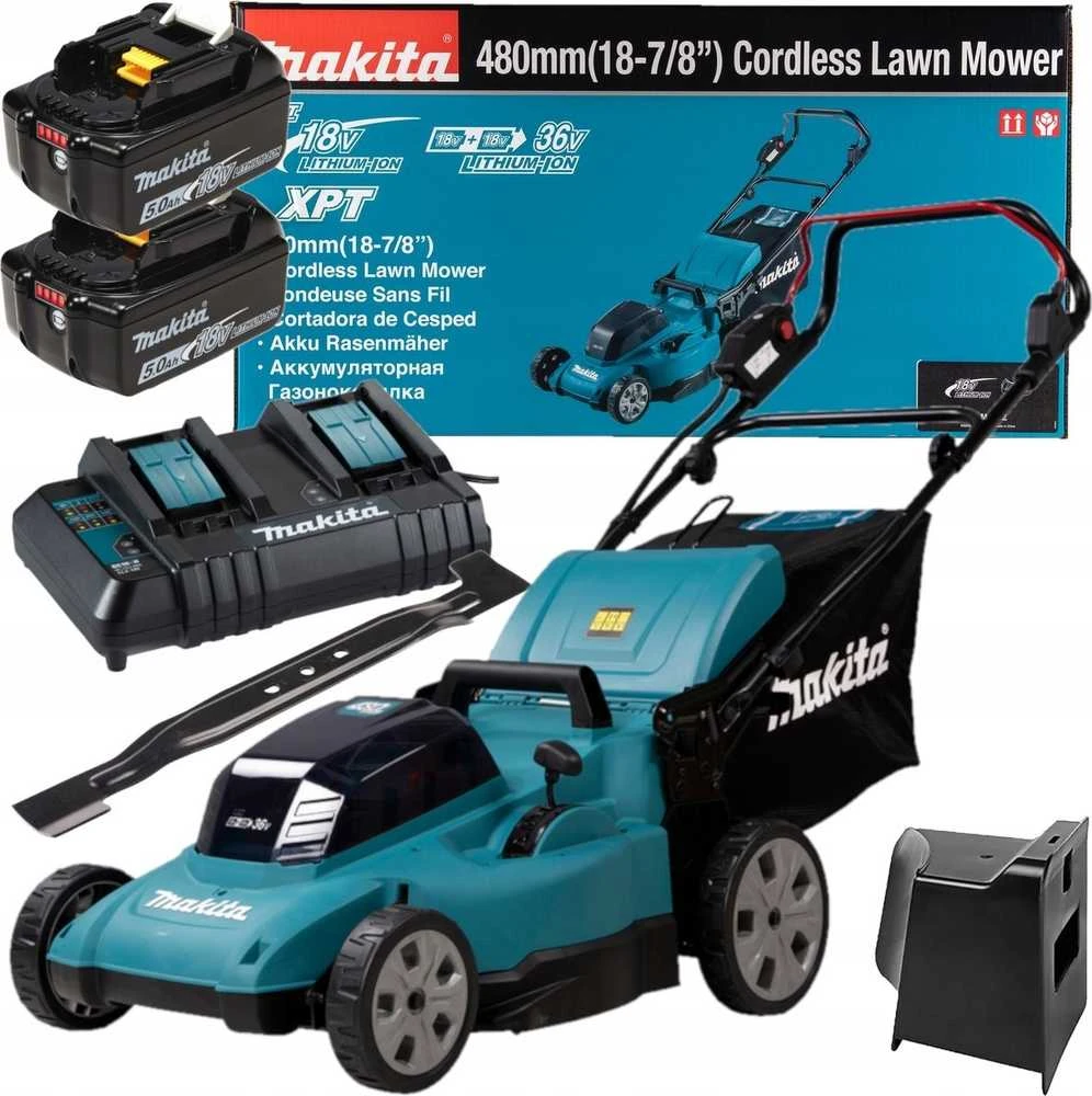 Akumuliatorinė vejapjovė Makita DLM480CT2 2x 18 V, 48 cm, DC18SH įkroviklis 2x 5,0 Ah Li-ion akumuliatioriams, 4/1 (Pjovimas/Surinkimas/Mulčiavimas/Galinis išmetimas), Plastikinis korpusas