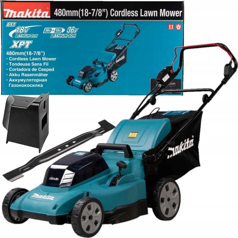 Akumuliatorinė vejapjovė Makita DLM480CT2 2x 18 V, 48 cm, DC18SH įkroviklis 2x 5,0 Ah Li-ion akumuliatioriams, 4/1 (Pjovimas/Surinkimas/Mulčiavimas/Galinis išmetimas), Plastikinis korpusas