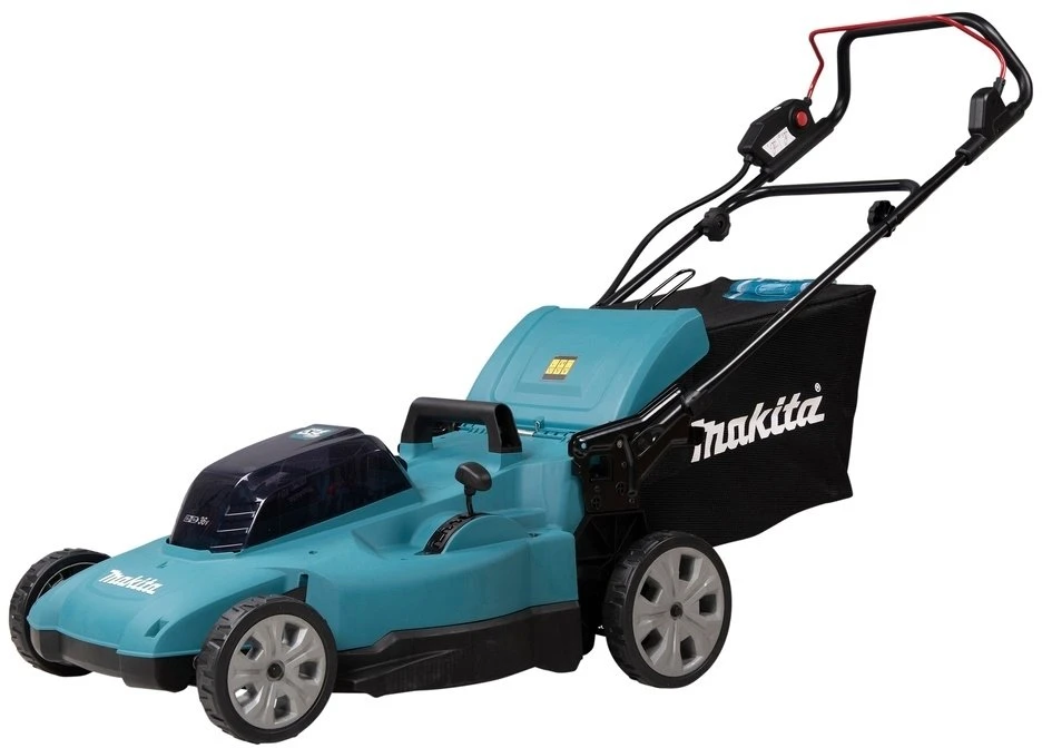 Makita DLM538Z akumuliatorinė vejapjovė 2 x 18 V, 53 cm, 4 viename (pjovimas / surinkimas / mulčiavimas / išmetimas į galą), 25,5kg, plastikinis korpusas, be akumuliatorinio ir krovinio