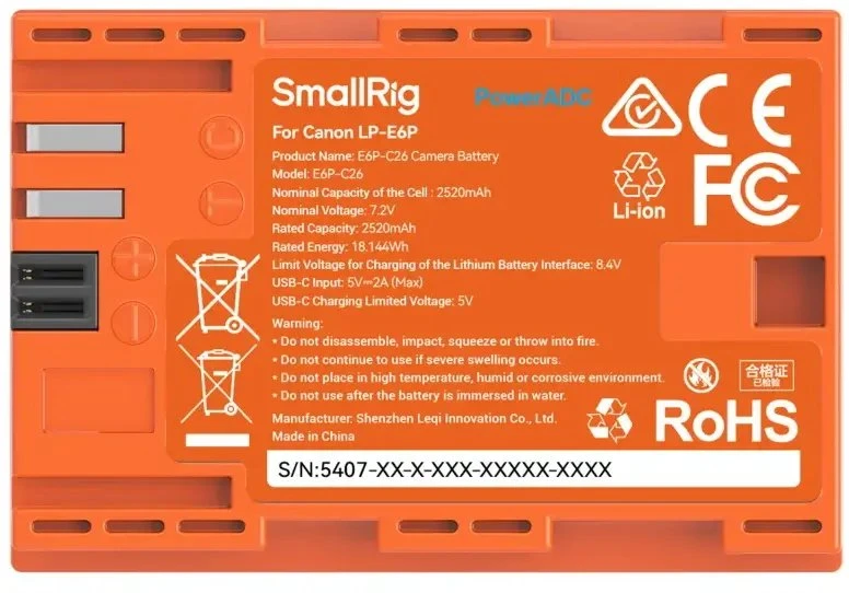Eneride SmallRig 5407 Camera Baterija for Canon LP-E6P Oranžinis