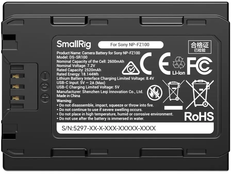 SmallRig 5297 USB-C fotoaparato baterija su maitinimo ekranu, skirta Sony NP-FZ100