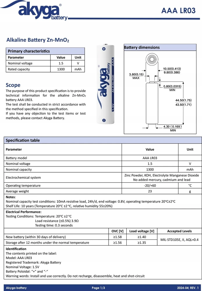 AAA (LR03) šarminė Zn-MnO2 baterija - 1.5V/1300mAh - Akyga AKY1971 - lizdinė plokštelė - 4 vnt.