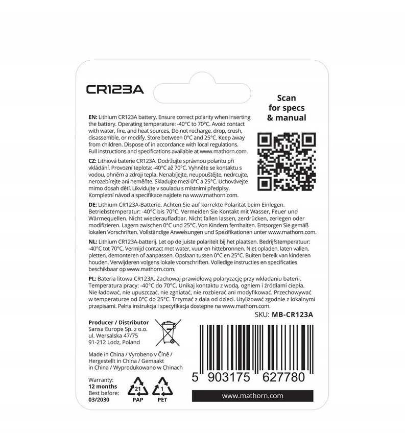 Akyga ličio baterija Mathorn Ultimate CR123A 1500mAh ličio