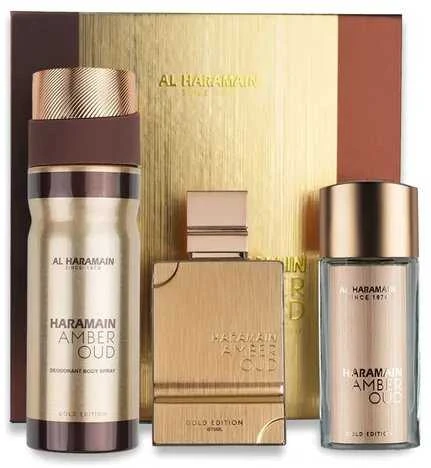 Al Haramain „Amber Oud Gold Edition Extreme“ rinkinys su kvepalų ekstraktu (75 ml) + kvepalų ekstraktu (30 ml) + dezodorantu (200 ml)