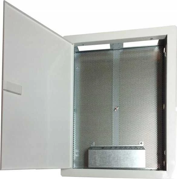 Korpusas/vietinė spintelė, multimedija 500x350x90, įleidžiama, perforuotos durys, 1 x lizdas. elektra, 14x lizdai Keystone ALANTEC