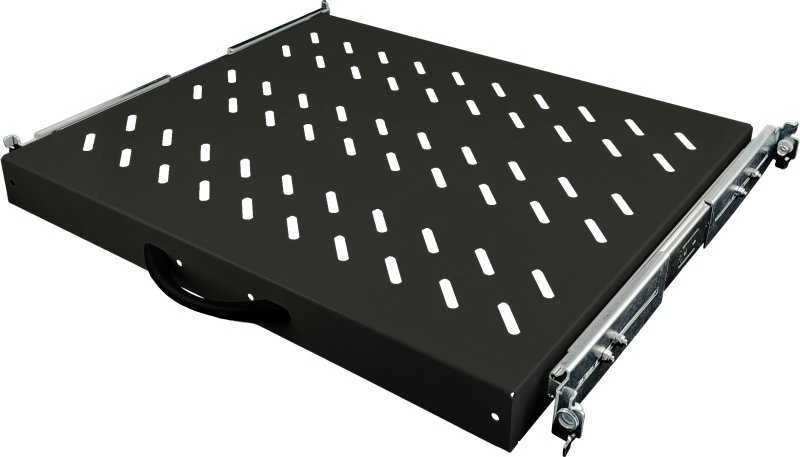 19" 1U ištraukiama lentyna, 370 mm gylio, juoda, 4 ALANTEC tvirtinimo taškai