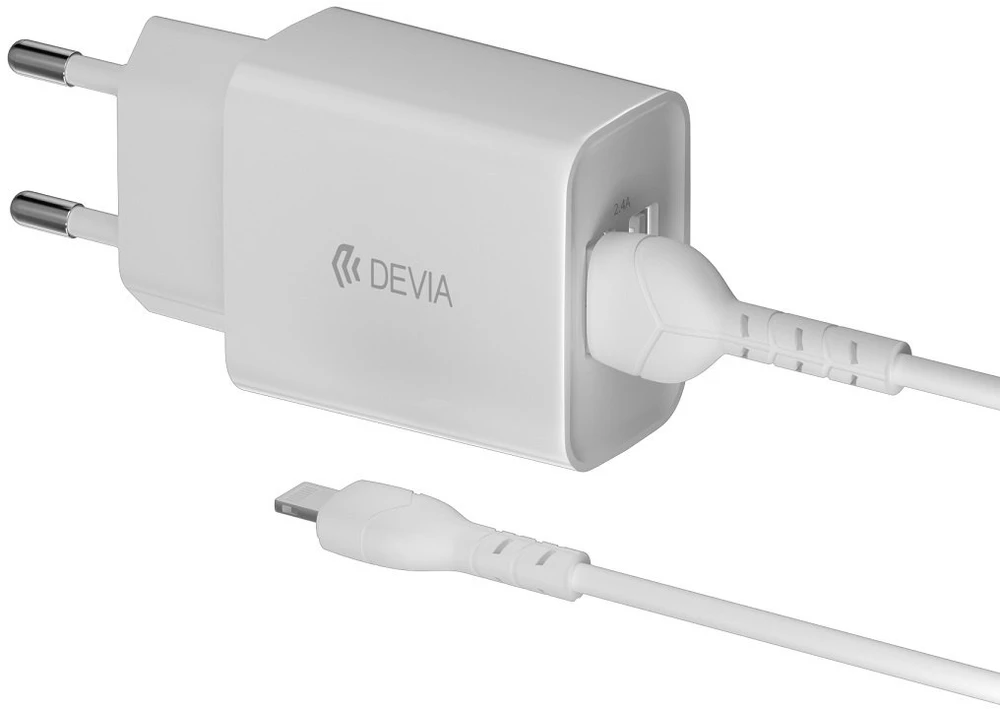 Devia sieninis įkroviklis Smart 2x USB 2,4A baltas + Lightning laidas