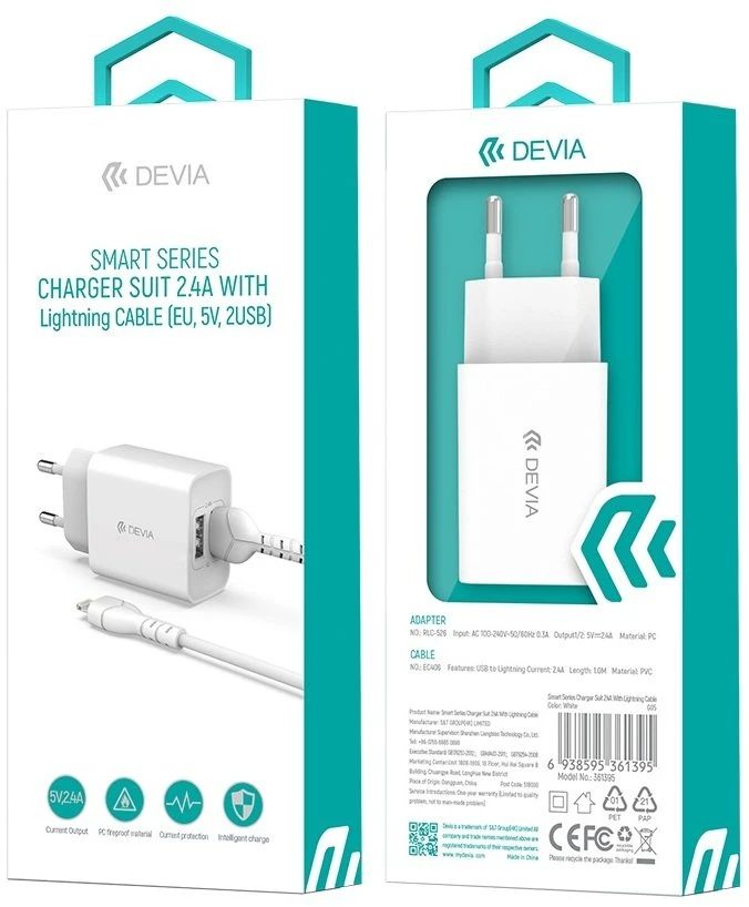 Devia sieninis įkroviklis Smart 2x USB 2,4A baltas + Lightning laidas