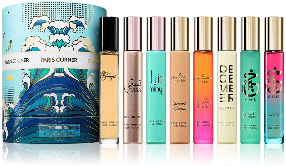 Paris Corner Paryžiaus kampinis rinkinys: Taskeen Marina Unisex parfuminis vanduo, 15 ml + Taskeen Caramel Cascade parfuminis vanduo Unisex, 15 ml + Gruodžio Vanilla EDP Unisex, 15 ml + Khair Confection parfuminis vanduo Unisex, 15 ml + Khair de, Pistachio Eau 5 ml