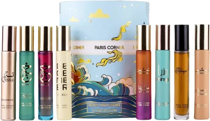 Paris Corner Paryžiaus kampinis rinkinys: Taskeen Marina Unisex parfuminis vanduo, 15 ml + Taskeen Caramel Cascade parfuminis vanduo Unisex, 15 ml + Gruodžio Vanilla EDP Unisex, 15 ml + Khair Confection parfuminis vanduo Unisex, 15 ml + Khair de, Pistachio Eau 5 ml