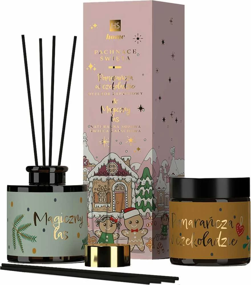 Hiskin Kvapnių Kalėdų kvapų difuzorių rinkinys Apelsinų šokoladas 80ml + natūrali sojų žvakė Magic Forest 100ml