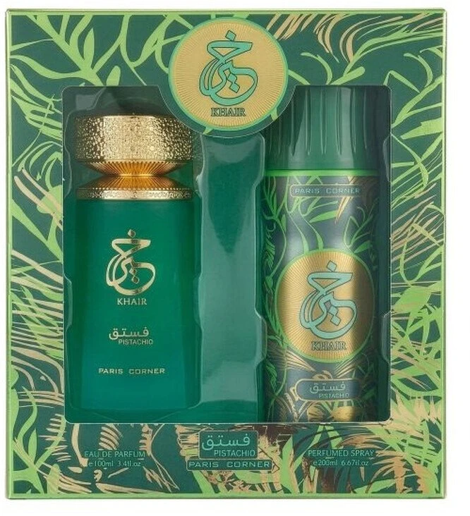Set Paris Corner: Khair Pistachio Eau De Parfum Unisex, 100 ml + Khair Pistachio Dezodorantas Purškiklis For Women, 200 ml