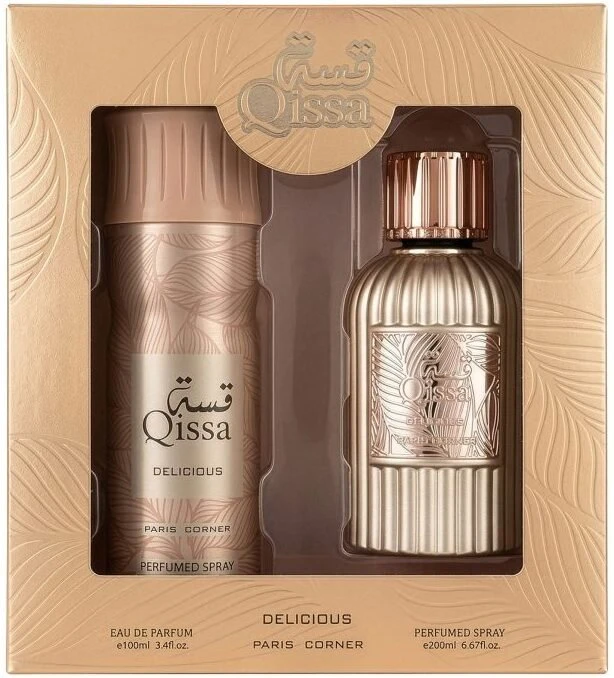 Set Paris Corner: Qissa Delicious Eau De Parfum For Women, 100 ml + Qissa Delicious Dezodorantas Purškiklis For Women, 200 ml