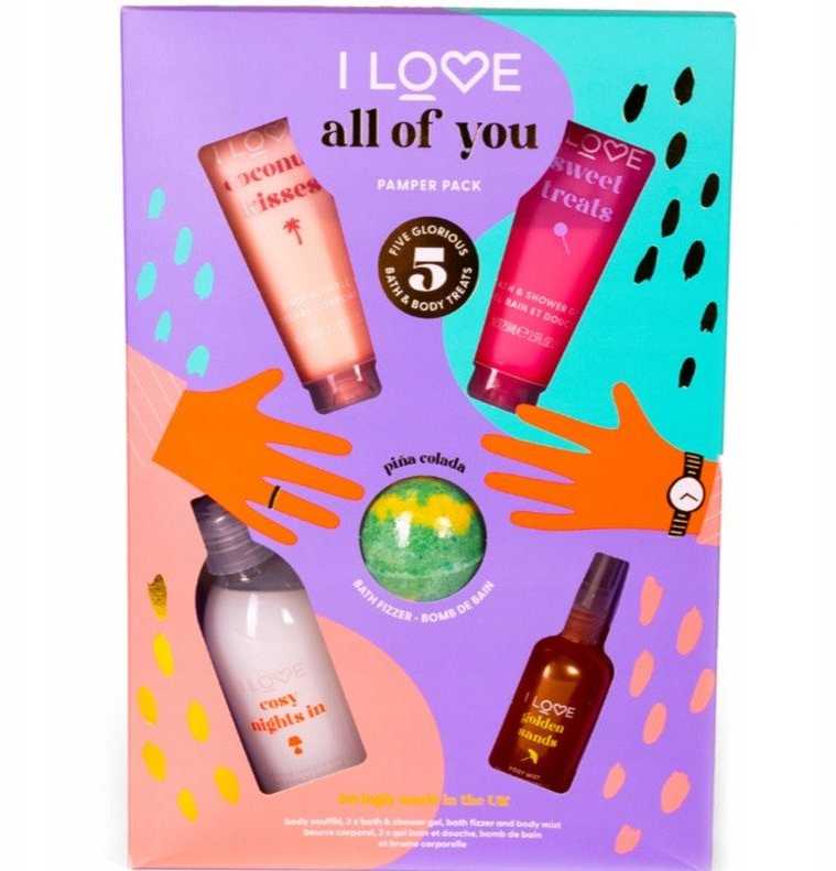 All Of You Set I Love: Coconut Kisses Hydrating Losjonas kūnui, 75 ml + Pina Colada Bath Bomb, 120 g + Golden Sands Refreshing Body Purškiklis, 100 ml + Sweet Treats Hydrating Dušo želė For All Skin Types, 75 ml + Cosy Night's Hydrating Dušo želė For All Skin T