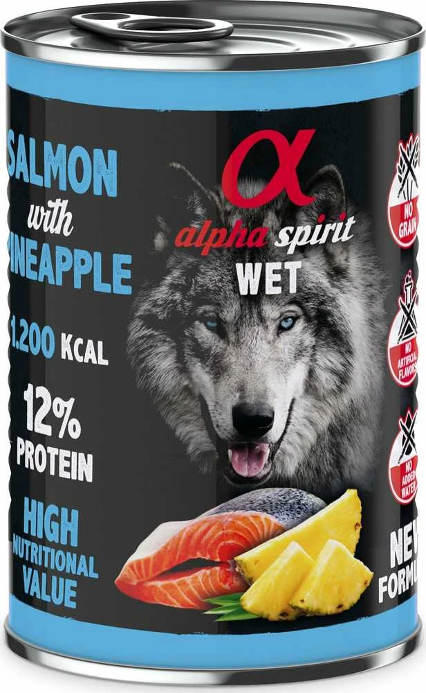 ALPHA SPIRIT WET konservas su lašiša ir ananasais 400g 6vnt