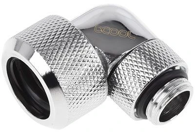 „Alphacool“ jungtis, 90 laipsnių, G1/4 colio, vidinis sriegis, 16 mm išorinis skersmuo, kietas vamzdis – pasukamas, blizgus, sidabrinis