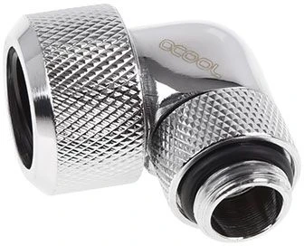 „Alphacool“ jungtis, 90 laipsnių, G1/4 colio, vidinis sriegis, 16 mm išorinis skersmuo, kietas vamzdis – pasukamas, blizgus, sidabrinis