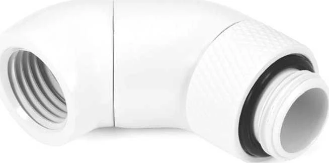 „Alphacool“ kampinis adapteris, 45 laipsnių, dvigubas, pasukamas, G1/4 lizdas į G1/4 lizdą, baltas