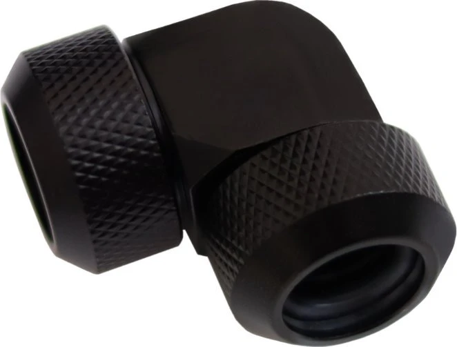 „Alphacool Eiszapfen“ 13 mm kieto vamzdžio srieginė jungtis, 90 laipsnių L formos jungtis, akrilo-žalvario vamzdžiai, juodas