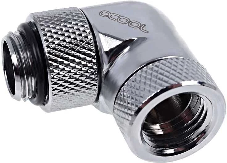 „Alphacool Eiszapfen“ 90 laipsnių pasukamas kampinis adapteris G1/4 lizdas į G1/4 lizdą, chromuotas