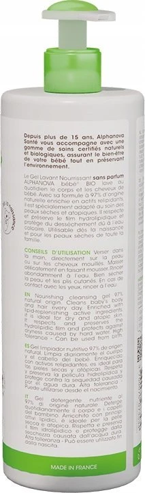 Alphanova Bebe Bio* Maitinamasis valomasis gelis kūdikiams kūnui, veidui ir plaukams, 400 ml