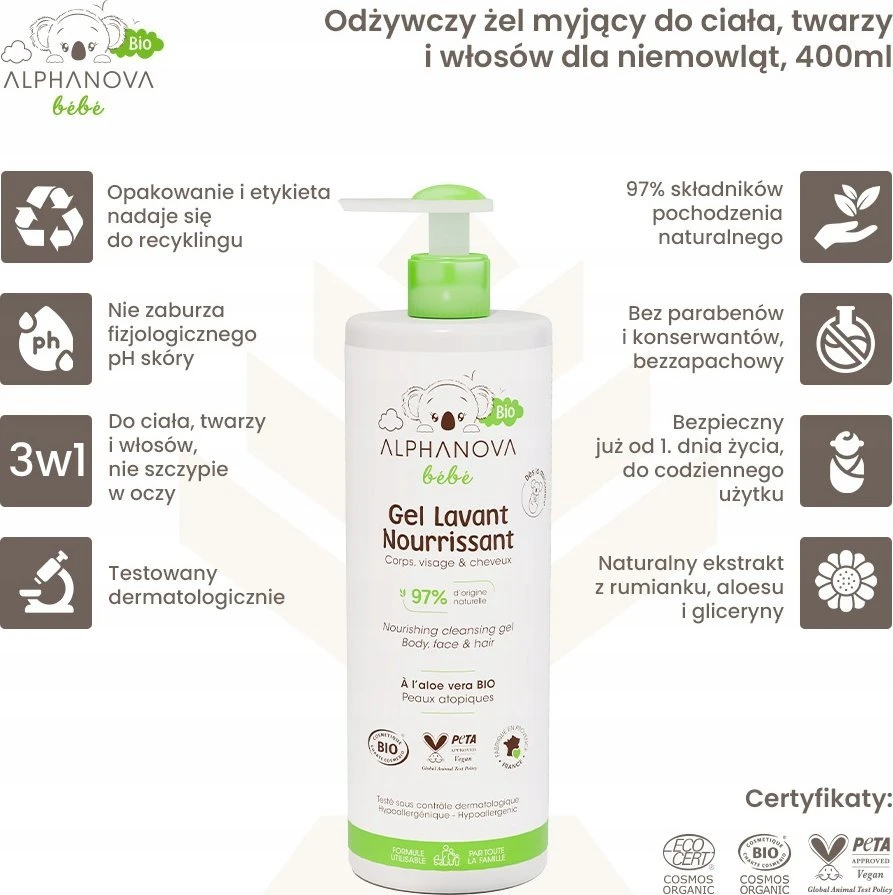 Alphanova Bebe Bio* Maitinamasis valomasis gelis kūdikiams kūnui, veidui ir plaukams, 400 ml
