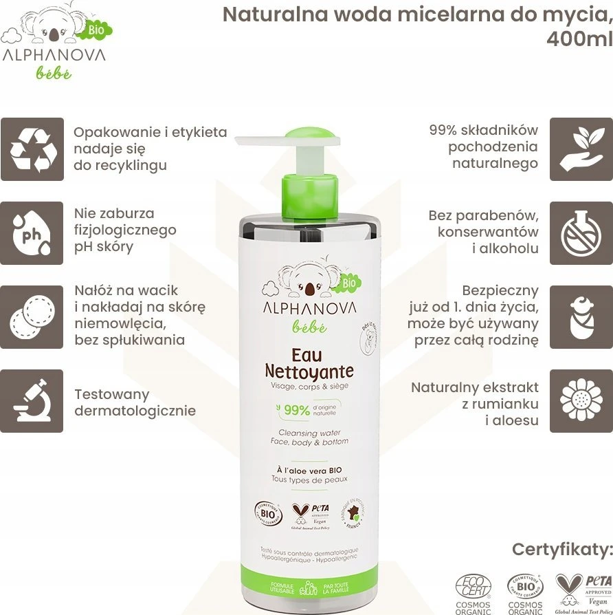 Alphanova Bebe Bio* micelinis valomasis vanduo, 400 ml