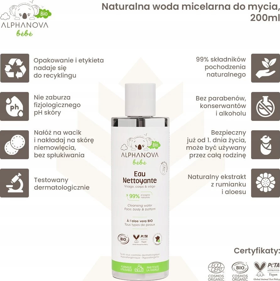 Alphanova Bebe Bio* micelinis valomasis vanduo 200 ml