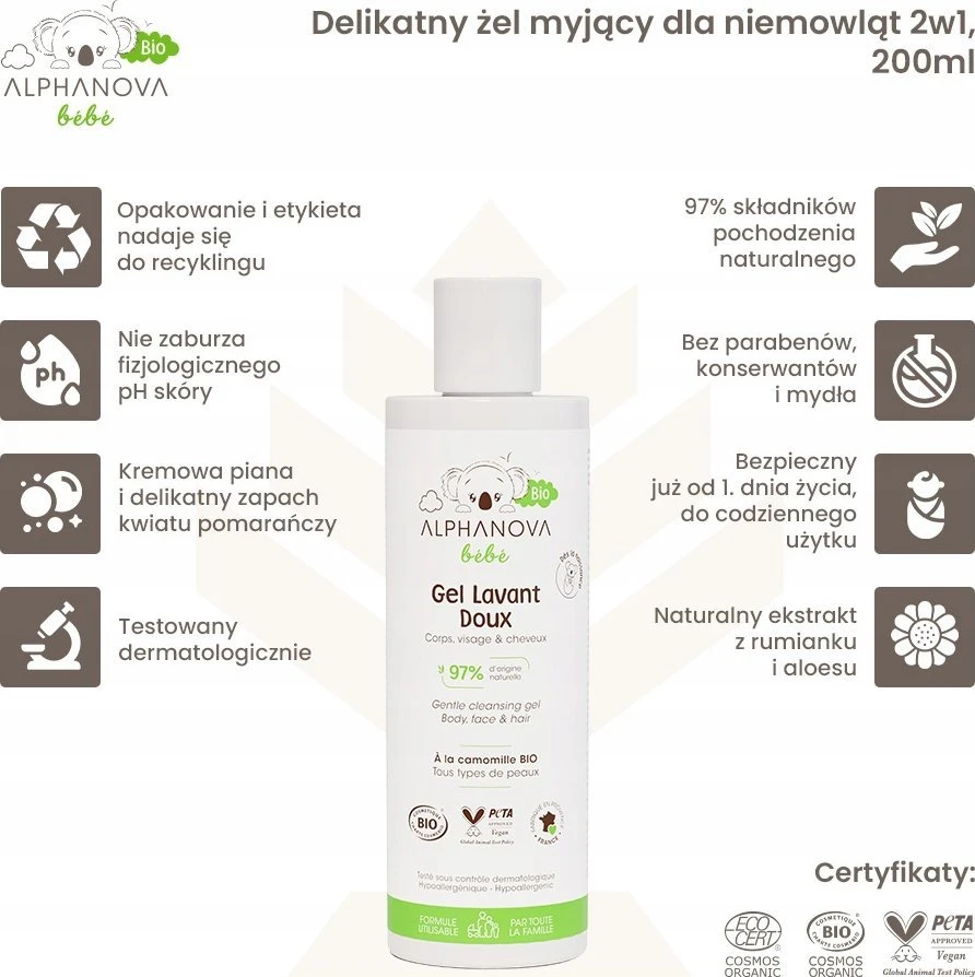 Alphanova Bebe Bio* švelnus kūdikių skalbimo gelis 2 viename 200 ml