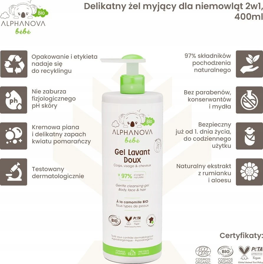 Alphanova Bebe Bio* švelnus kūdikių skalbimo gelis 2 viename 400 ml