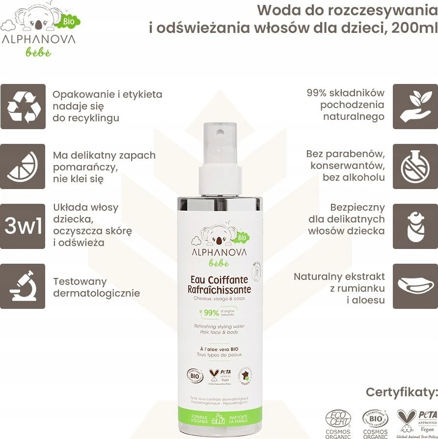Alphanova Bebe Bio* Vaikiškas plaukų iššukavimo ir gaivinimo vanduo 200 ml